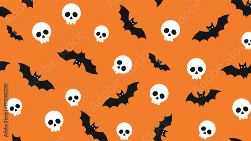 Festive Halloween seamless pattern shows white skulls and black flying bats scattered across a vibrant orange background for a spooky look.
