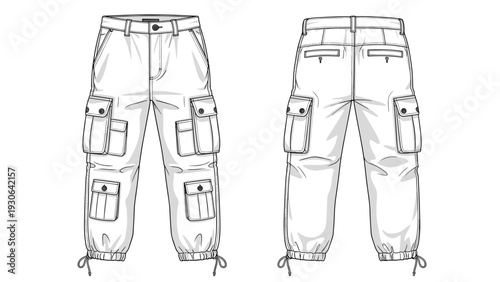 Technical drawing of cargo trousers with multiple pockets and adjustable ankle ties shown in front and back views for fashion production.