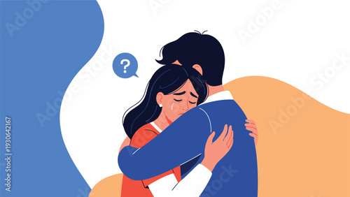 Emotional illustration of a man comforting a crying woman with a question mark bubble showing support, relationship issues, or sympathy.