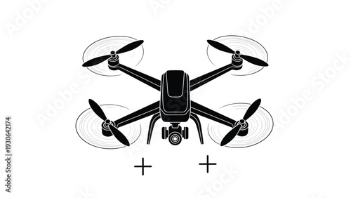 Black silhouette of a modern quadcopter drone with a camera attached shown against a white background for technology and media concepts.