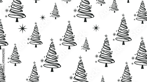 Modern holiday pattern displays black stylized Christmas trees and small sparkling stars scattered over a plain white background.