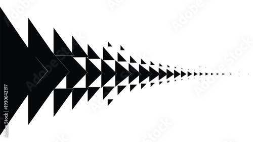 Striking abstract design features black triangles of varying sizes arranged in a perspective that creates a sense of deep movement.