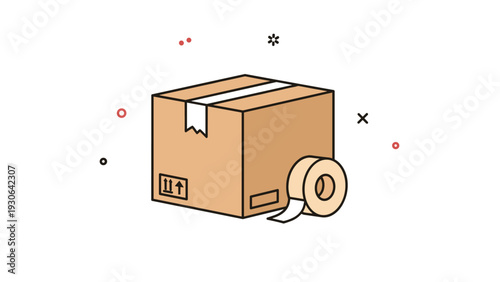 Illustration of a brown cardboard shipping box with a roll of packing tape and decorative icons for logistics, moving, or delivery themes.