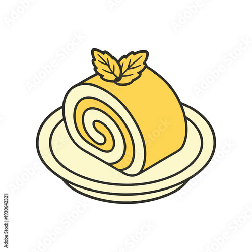 A yellow cake roll with leaves on top of a plate