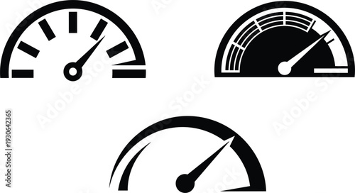 Stylized speedometer gauge icons, performance dashboard meters, measurement indicators, velocity dials, monitoring tools, vector illustration for technology and business concepts