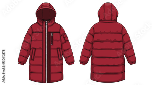 Detailed technical fashion illustration of a long red hooded puffer coat with quilted panels and zipper pockets for winter wear design.