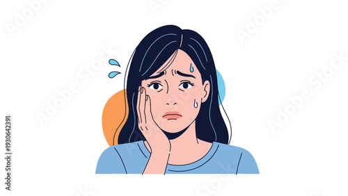 Illustration of a stressed and worried woman with sweat drops on her face representing anxiety, fear, or a difficult life situation.