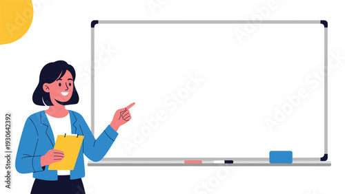 Cheerful businesswoman in a blue jacket pointing at a large blank whiteboard while holding a clipboard for a presentation or education.