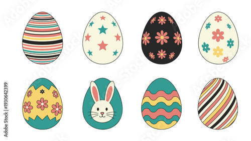 Collection of eight decorated Easter eggs shows various patterns including stripes, stars, flowers, and a cute bunny face.