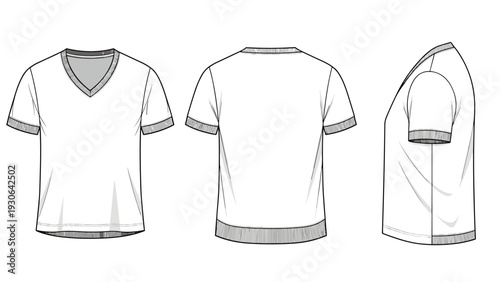 Technical drawing of a men s V-neck T-shirt shown in front, back, and side views for garment design, prototyping, and manufacturing specs.
