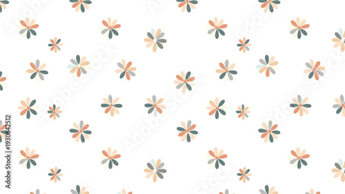 Floral pattern displays small daisy flowers in muted pink, orange, and green colors on a white background for subtle home decor designs.