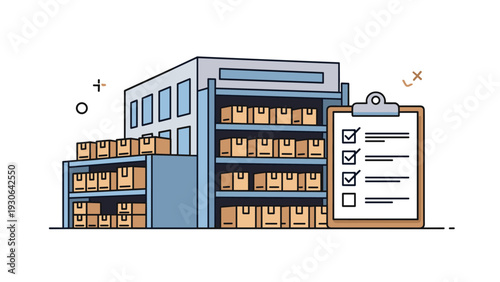 Illustration of a warehouse building filled with boxes on shelves next to a clipboard with a checklist for inventory and logistics management.