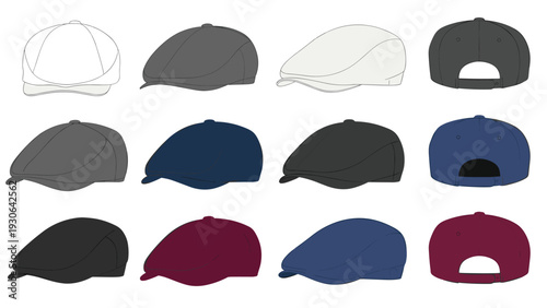 Collection of flat caps or Gatsby hats shown in various colors and perspectives including front, side, and back views for fashion design.