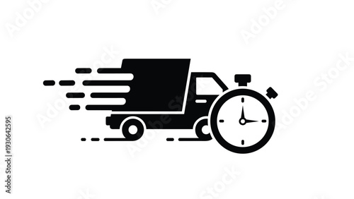 Black silhouette icon of a delivery truck with a stopwatch indicating express shipping, fast transport services, and timely logistics.