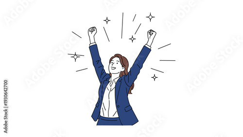Illustration of a successful businesswoman in a blue suit celebrating with arms raised and stars around her, symbolizing triumph and victory.