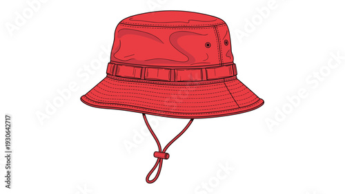 Vibrant red bucket hat illustration with adjustable chin strap and structured brim, presented as a clear vector design on a white background.
