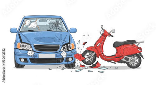 Damaged Car and Scooter Collision.