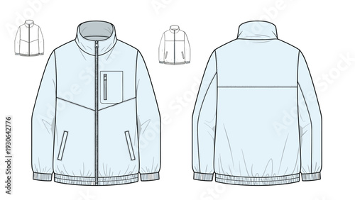 Technical fashion drawing of a light blue zip-up jacket with a chest pocket and elasticized hem, including front and back view perspectives.
