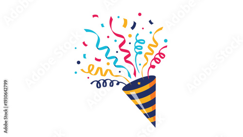 Festive celebration icon featuring a party cracker bursting with colorful confetti and streamers, ideal for birthdays and special event designs.