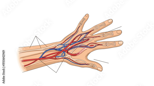 Detailed anatomical diagram of the human hand showing the network of veins and arteries, highlighting medical and biological structures.