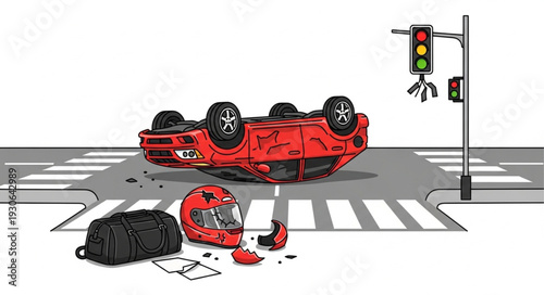 Crashed Red Sports Car on Road.