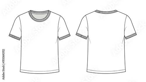 Basic technical fashion sketch of a white short-sleeve crew neck t-shirt showing front and back views on a neutral background for mockups.