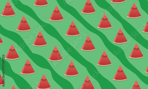 A vibrant, seamless repeating pattern featuring illustrated triangular watermelon slices with red flesh and black seeds