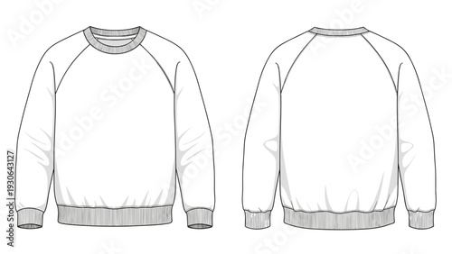 Technical fashion illustration of a white raglan sleeve sweatshirt with ribbed neck, cuffs, and hem, presented in front and back views.