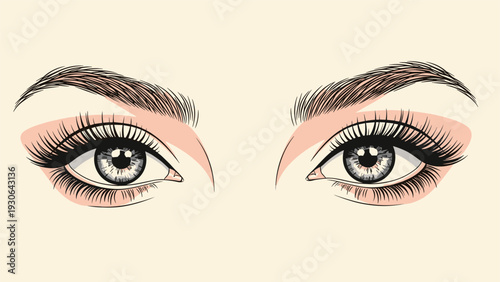 Detailed artistic illustration focusing on a pair of beautiful female eyes with long lashes and defined eyebrows on a soft cream background.