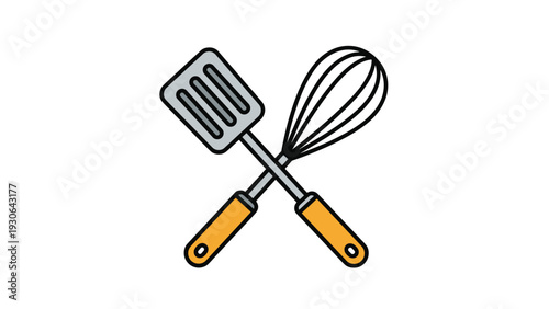 Clean vector icon of a crossed kitchen spatula and whisk with wooden handles, representing cooking, baking, and professional culinary arts.