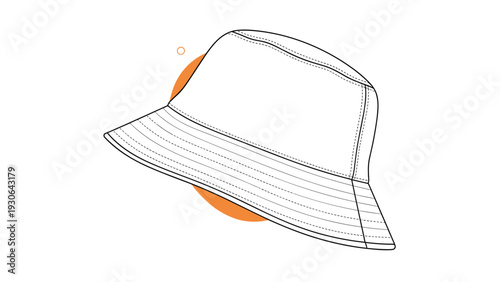 Clean line illustration of a classic white bucket hat with a structured brim, featuring an orange circle graphic element in the background.
