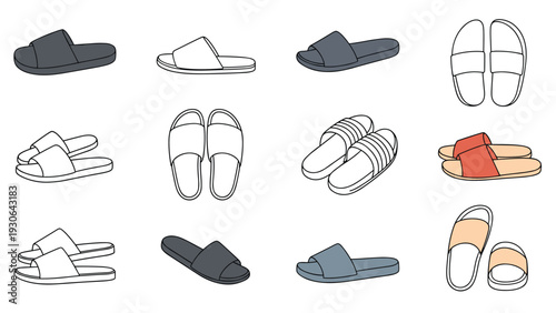 Large set of technical drawings showing different styles of slippers and slides in various colors and perspectives for footwear design mockups.
