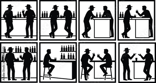 Bar and pub social interaction silhouettes showing people drinking, talking and enjoying nightlife conversation scenes in restaurant and lounge environments