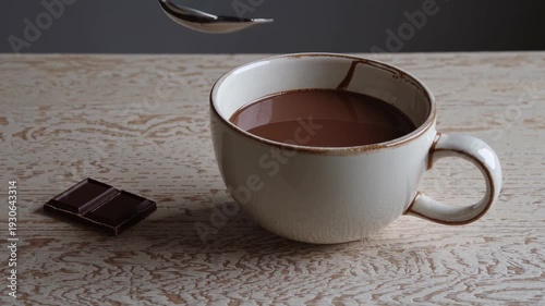 Hot chocolate in ceramic mug with chocolate piece – cozy warm drink scene