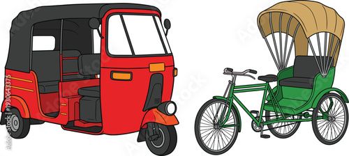 Auto rickshaw and cycle rickshaw illustration showing traditional urban transport vehicles used for passenger travel and city transportation concept