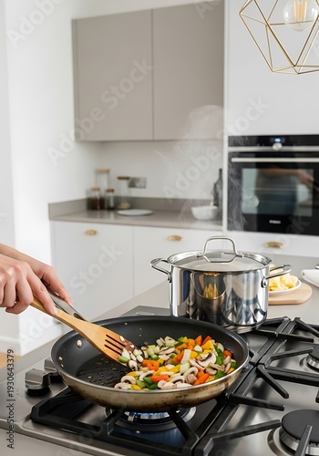 Person cooking vegetables in pan on gas stove