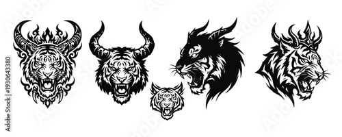 Black tribal unique tattoo vector illustration of angry Royal Bengal Tiger or lion head animal skull symbol for a devilish logo design art