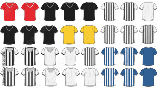 Extensive set of v-neck t-shirt templates in various colors and patterns, including solid, striped, and bi-color options for apparel design.