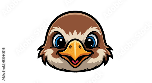 Cartoon bird head with big eyes.
