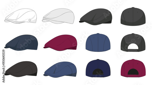 Comprehensive set of flat cap headwear templates displayed in multiple colors and angles for fashion design and apparel mockups.