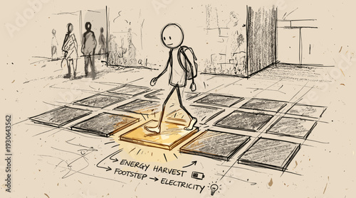 Sketchy hand-drawn stick figure character walking on energy-harvesting kinetic floor tiles, smart city sustainable tech concept.