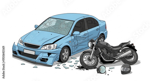 Damaged Car and Motorcycle Collision.