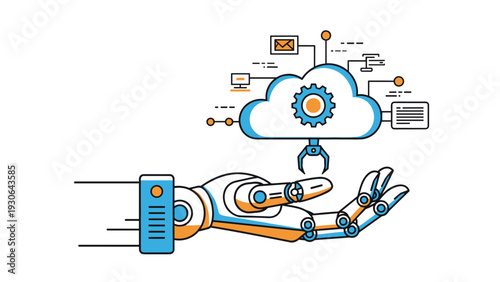 Futuristic robotic hand supporting a digital cloud with gear and communication icons symbolizing artificial intelligence and data.