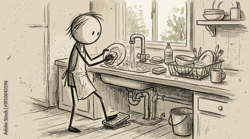 Sketchy hand-drawn stick figure character washing dishes using a foot pedal faucet, domestic water conservation concept.
