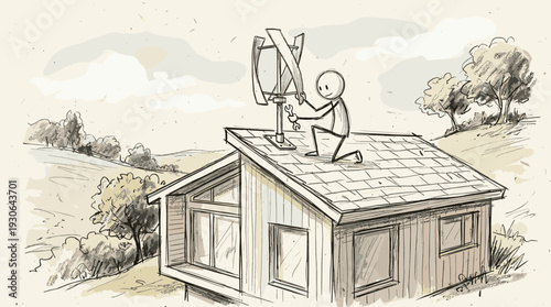 Stick figure installing a domestic wind turbine on a house in a rural area