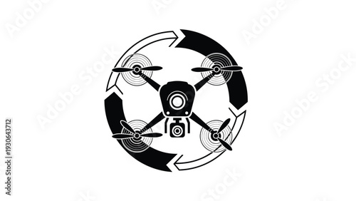 Circular graphic icon featuring a top-view drone silhouette surrounded by rotating arrows symbolizing automated flight or delivery.