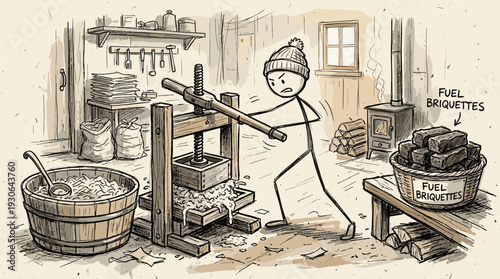 Sketchy hand-drawn stick figure character pressing scrap paper into heating briquettes, waste upcycling and winter survival concept.