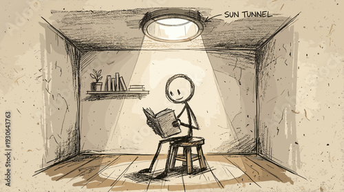 Sketchy hand-drawn stick figure character reading under a ceiling sun tunnel, passive daylighting and energy efficiency concept.