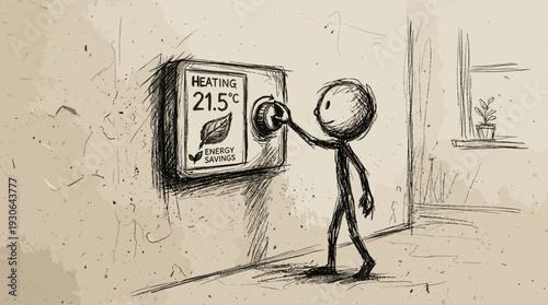 Stick figure character adjusting a smart eco-thermostat for climate control  