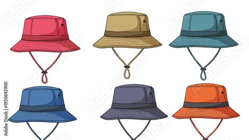 Collection of outdoor bucket hats in six different colors with adjustable chin straps for summer sun protection and fashion wear.